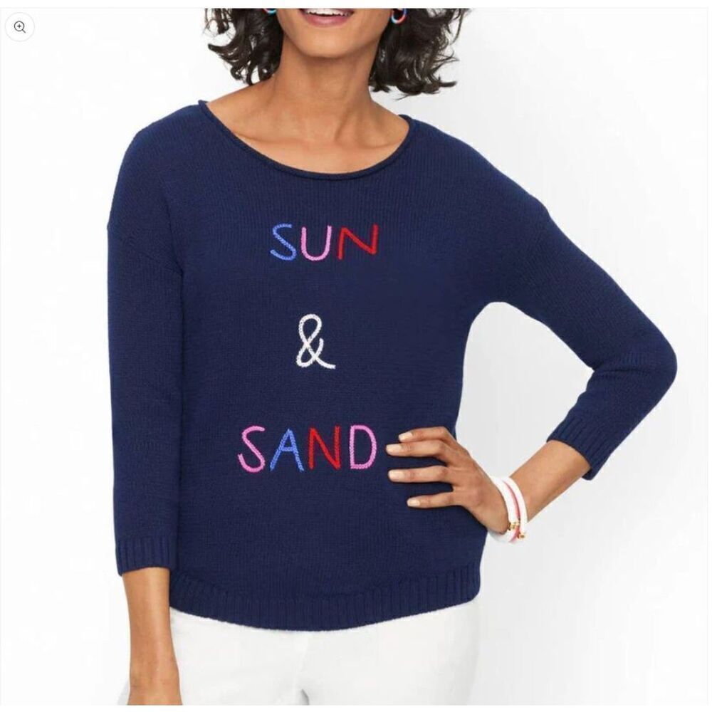 Talbots Women's Embroidered Sun & sand 3/4 Sleeve Navy Sweater Size Small Petite